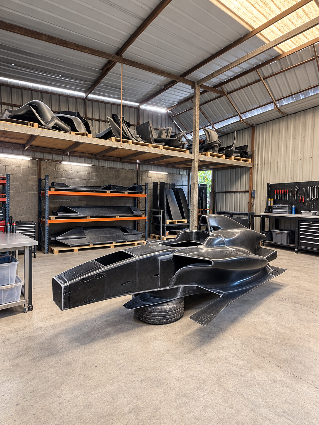 Full-scale composite display car body being prepared in the Bubbles Motorsports workshop